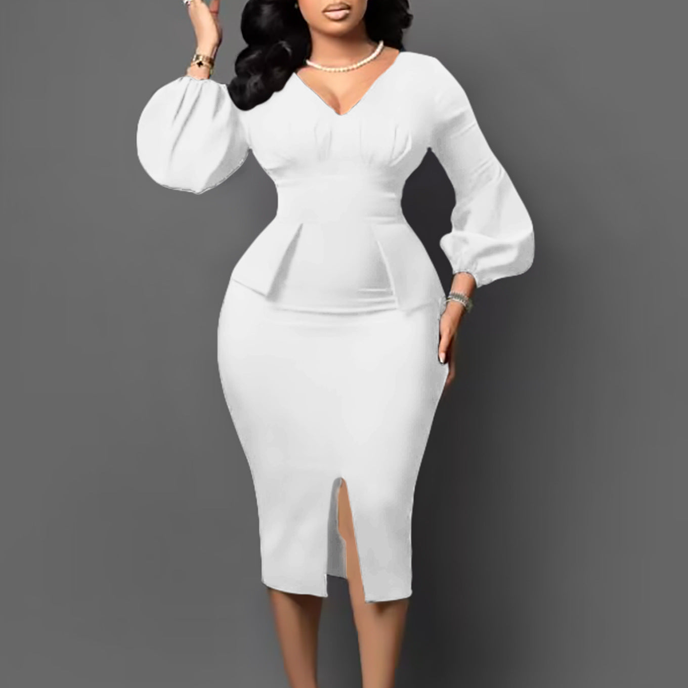 Damen Midi-Kleid Figurbetont Puffärmel Schlitz Norvielle