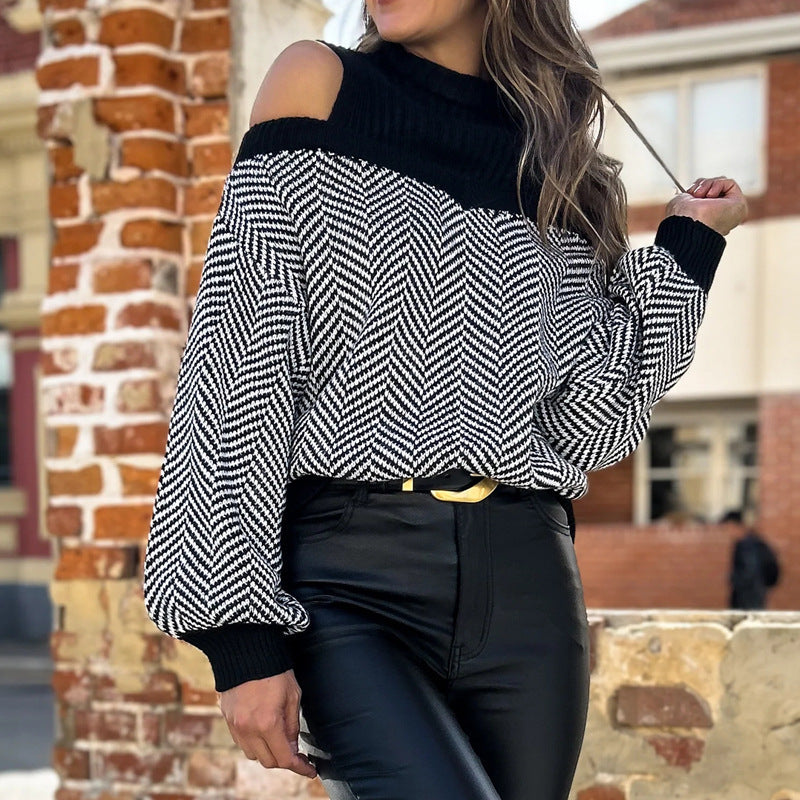 Damen Pullover Schulterauschnitt Zickzackmuster Norvielle