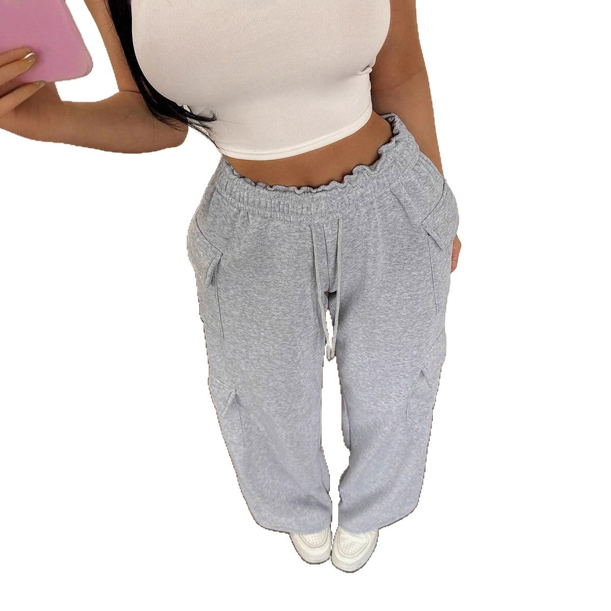 Damen Cargo-Hose Weites Bein Praktische Taschen Beige