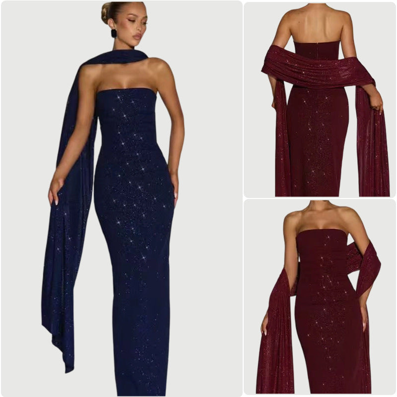 Damen Abendkleid Schulterfrei Pailletten Schwarz Norvielle - Norvielle