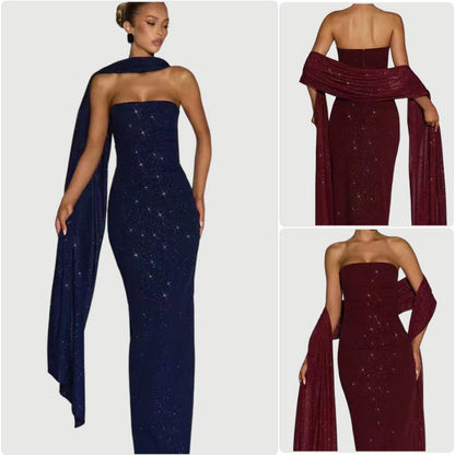 Damen Abendkleid Schulterfrei Pailletten Schwarz Norvielle - Norvielle