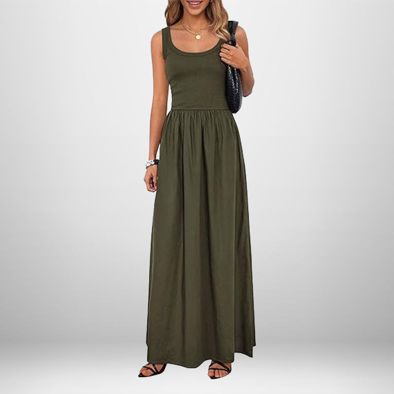 Damen Maxikleid Weicher Baumwollstoff Elastischer Taillenschnitt