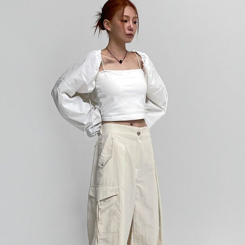 Damen Cropped Langarmbluse Rüschen Norvielle