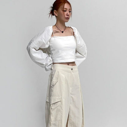 Damen Cropped Langarmbluse Rüschen Norvielle