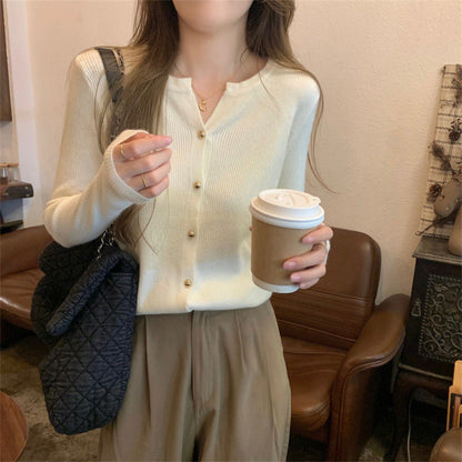 Damen Strickcardigan Elegantes Design Rippstruktur Beige