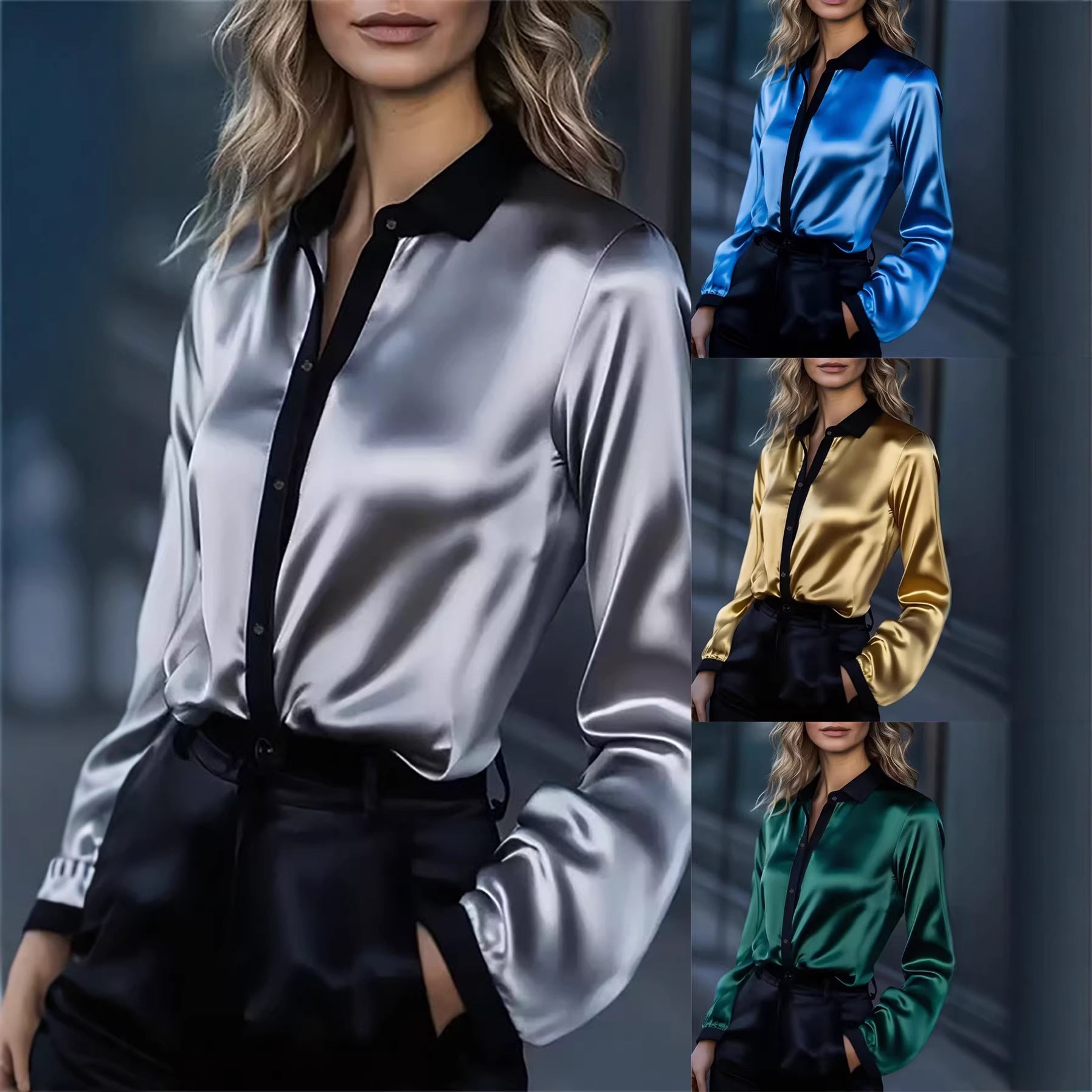 Damen Satinbluse Kontrastkragen Norvielle - Norvielle