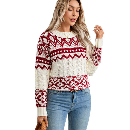 Damen Pullover Norweger Muster Hochgeschlossener Kragen Grau