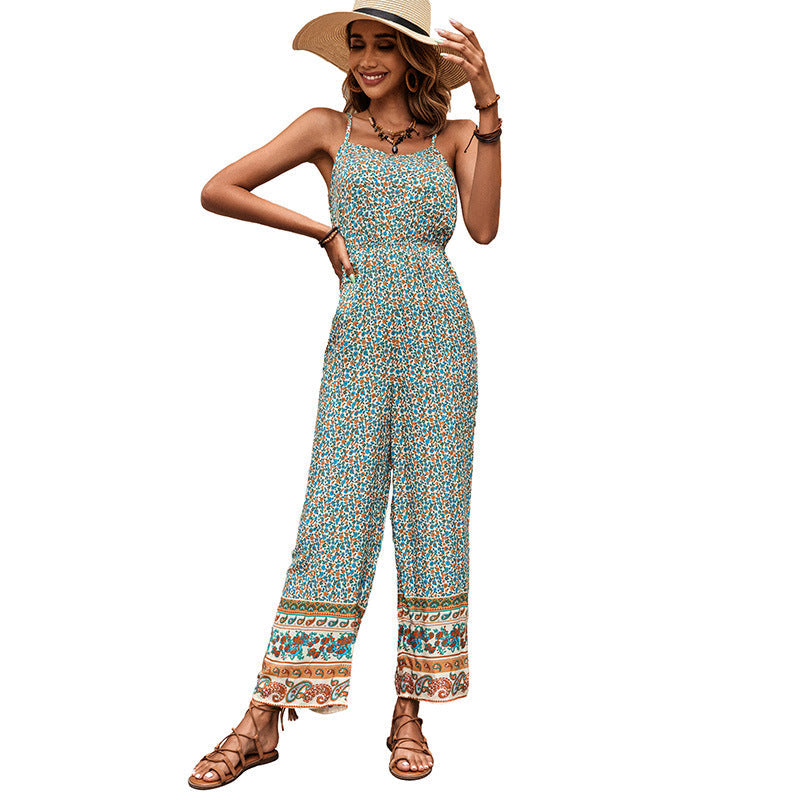 Damen Jumpsuit Blumenmuster Breite Beine Verstellbare Träger Norvielle