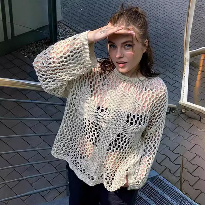 Damen Strickpullover Luftiges Netzdesign Beige - Norvielle