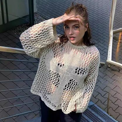 Damen Strickpullover Luftiges Netzdesign Beige - Norvielle