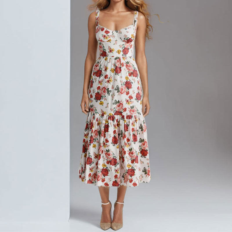 Damen Blumenkleid Rüschensaum schmale Träger Norvielle
