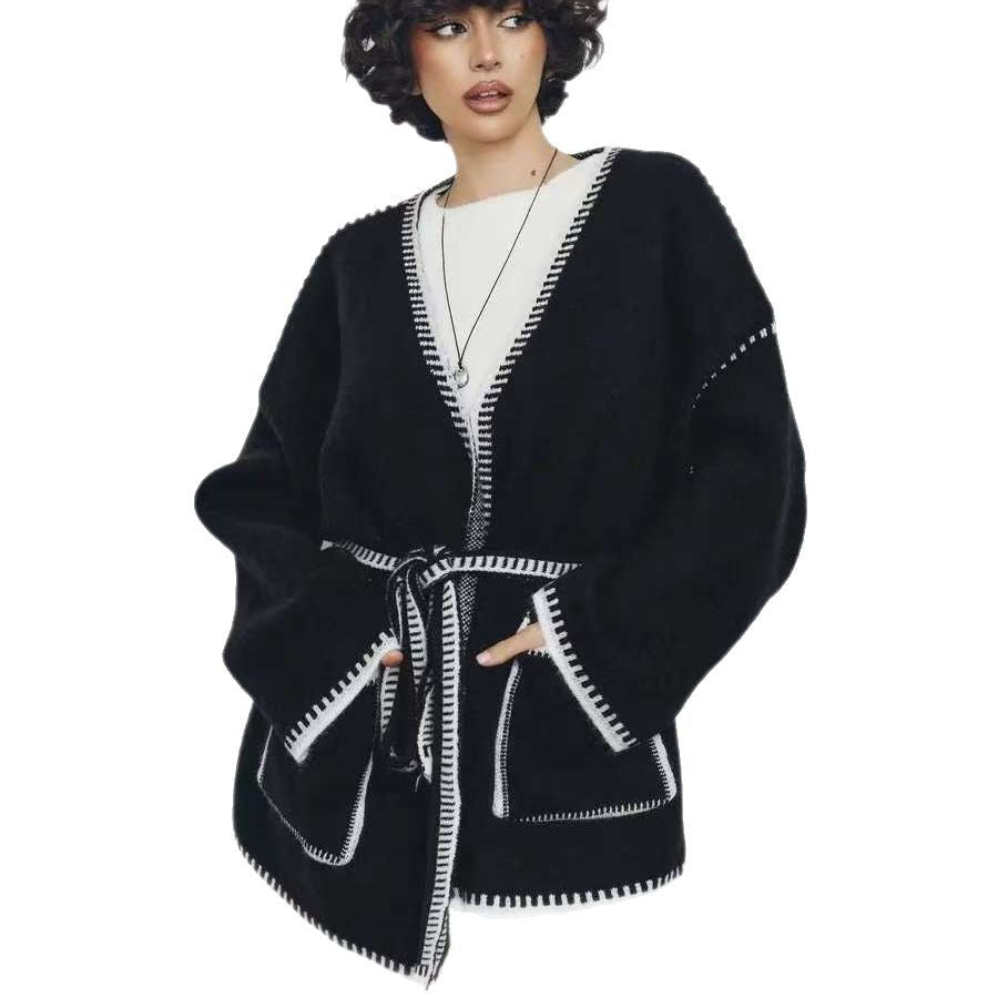 Damen Strickcardigan Mit Taillengürtel Und Taschen Beige