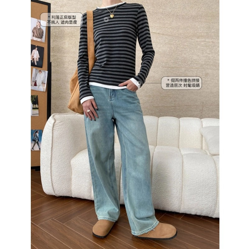 Damen Langarmshirt Streifenmuster Elastisch Weiß