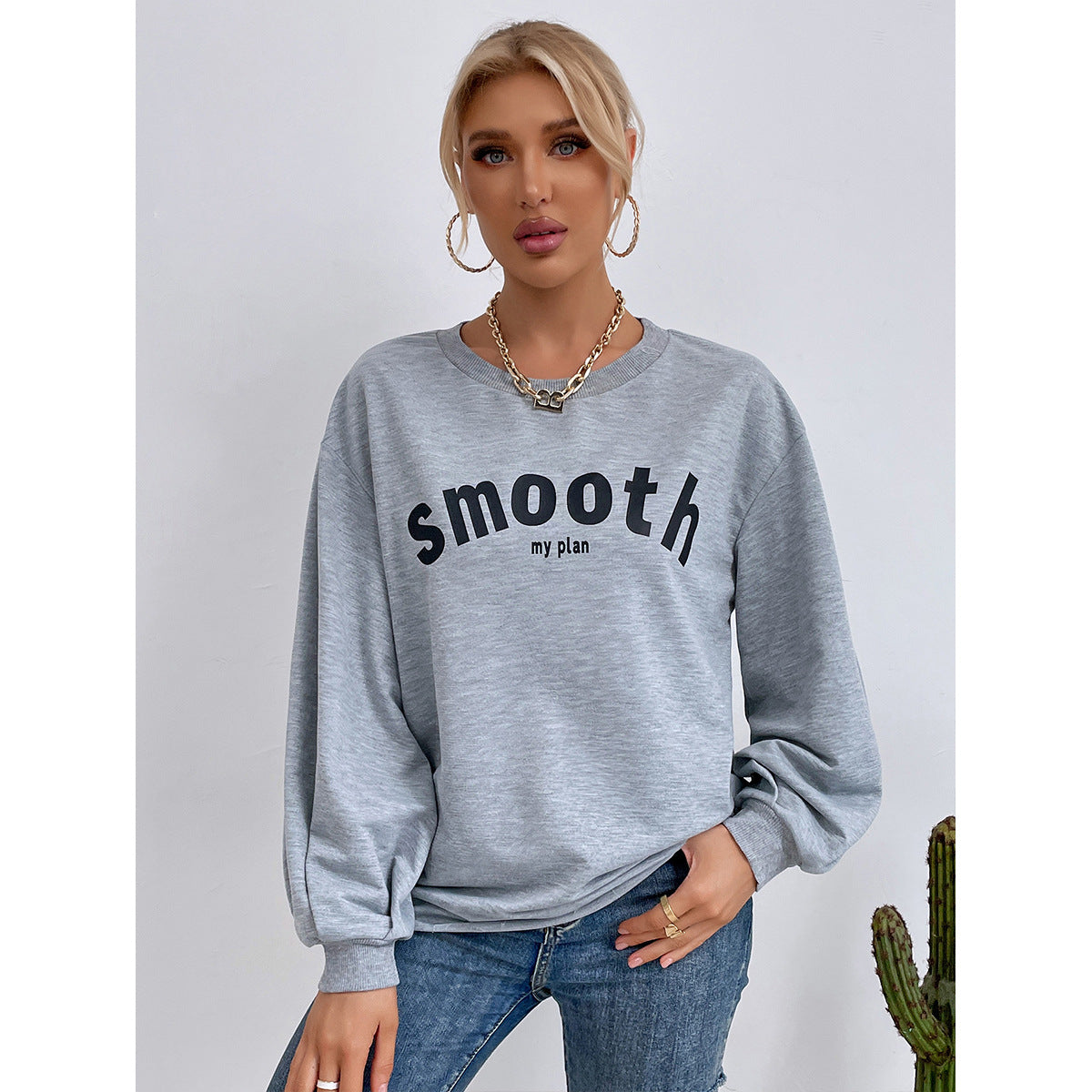 Damen Sweatshirt Puffärmel Schriftzug Grau - Norvielle