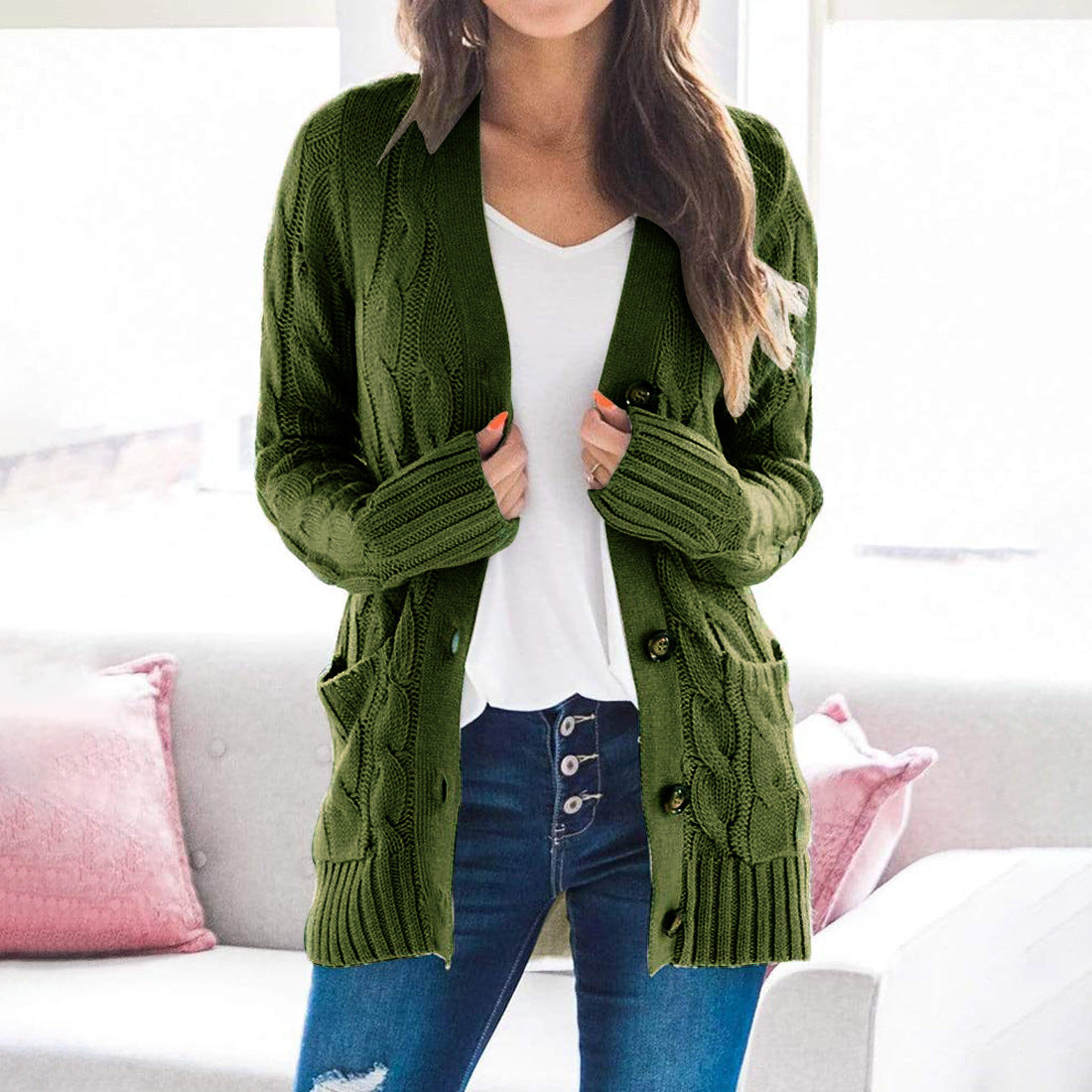 Damen Grobstrickjacke Große Knöpfe Praktische Taschen Norvielle - Norvielle