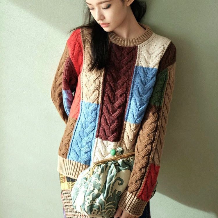 Damen Grobstrickpullover Bunt Patchwork Norvielle - Norvielle