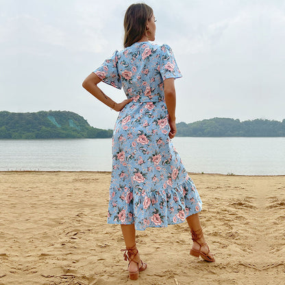 Damen Maxikleid Floralmuster Rüschensaum Norvielle
