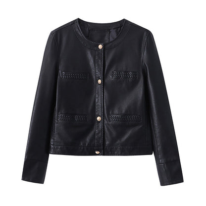 Damen Lederjacke Moderner Stil Dekorative Taschen Elegant