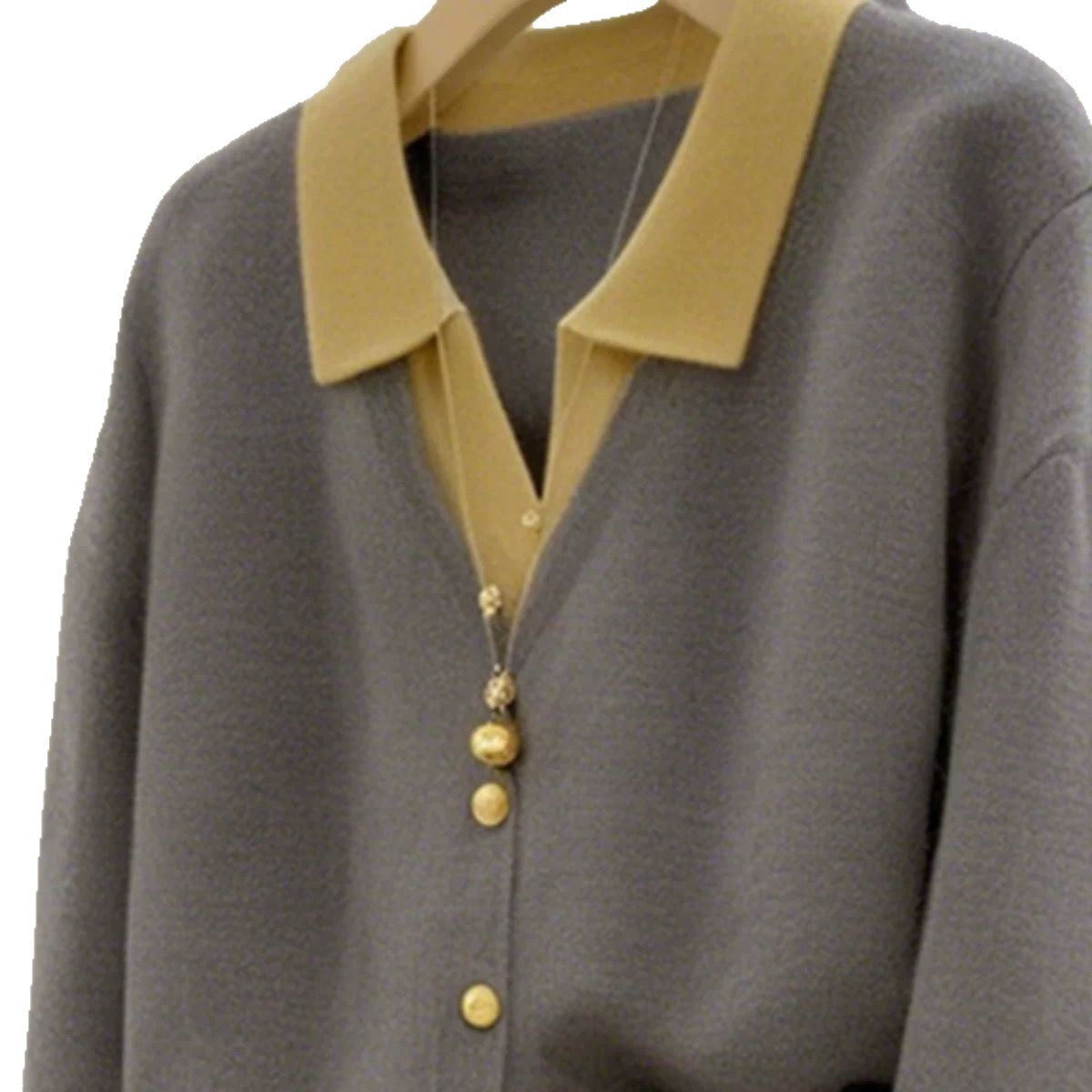 Damen Strickjacke Elegant Kragen Große Knöpfe Beige