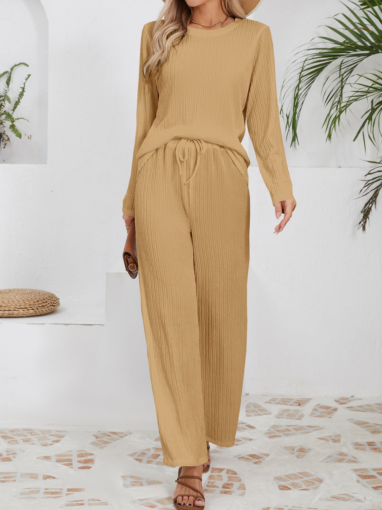 Damen Freizeit-Set Rippstruktur Elastischer Bund Beige