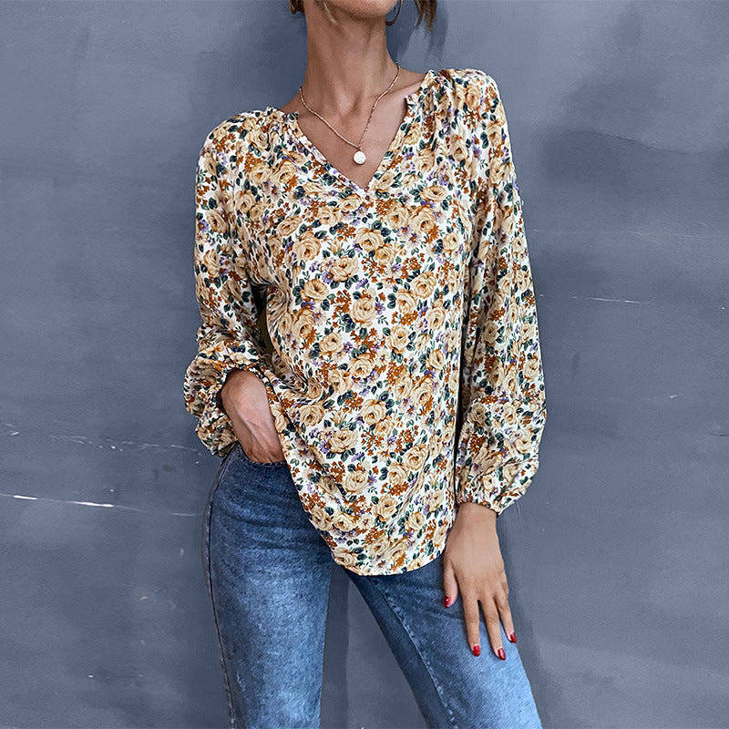 Damen Bluse Floralmuster Geraffte Ärmel Norvielle