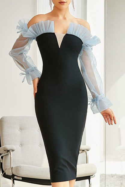 Damen Cocktailkleid Figurbetonter Stil V-Ausschnitt Puffärmel