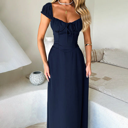Damen Maxikleid Raffung Puffärmel Norvielle