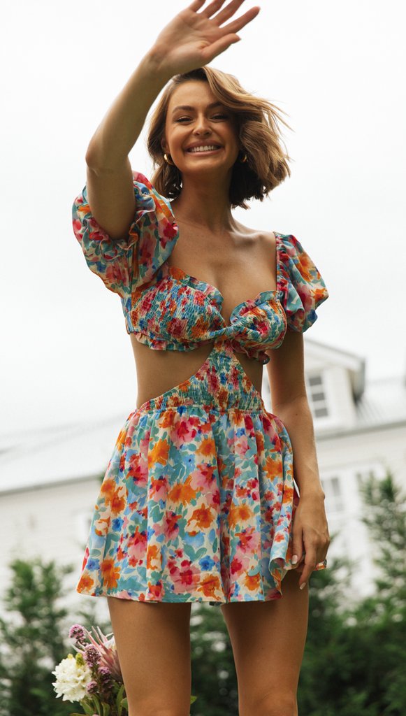 Damen Mini-Set Puffärmel Cut-Out-Details Sommerlich