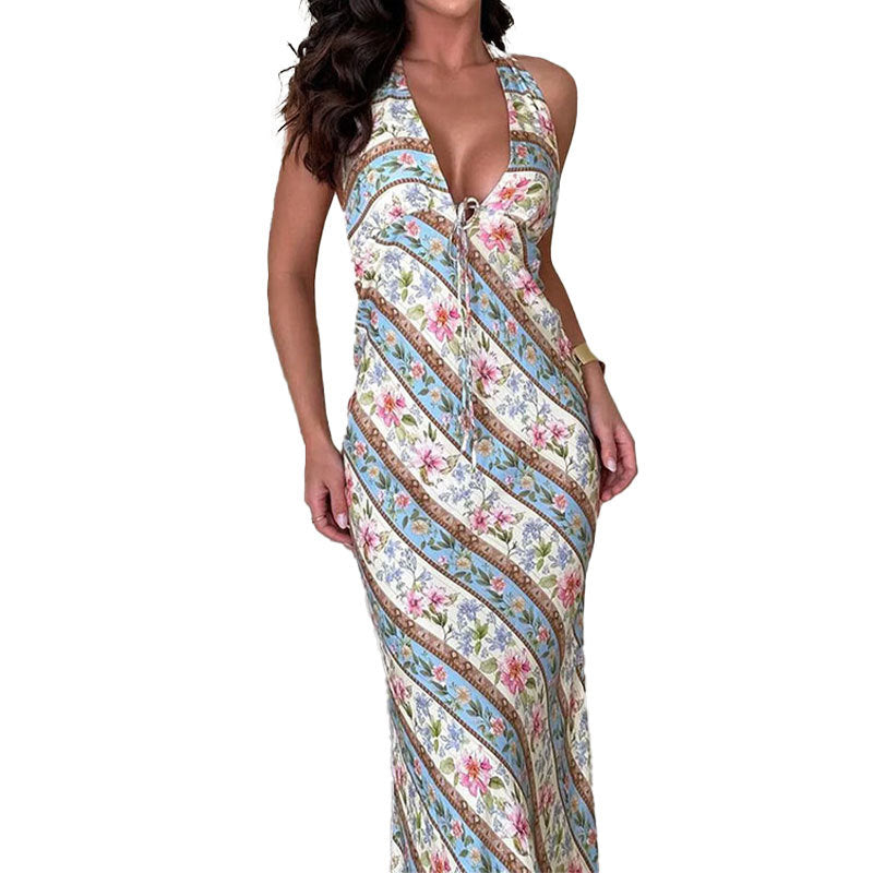 Damen Maxikleid Floralmuster Bindbarer Nacken Norvielle