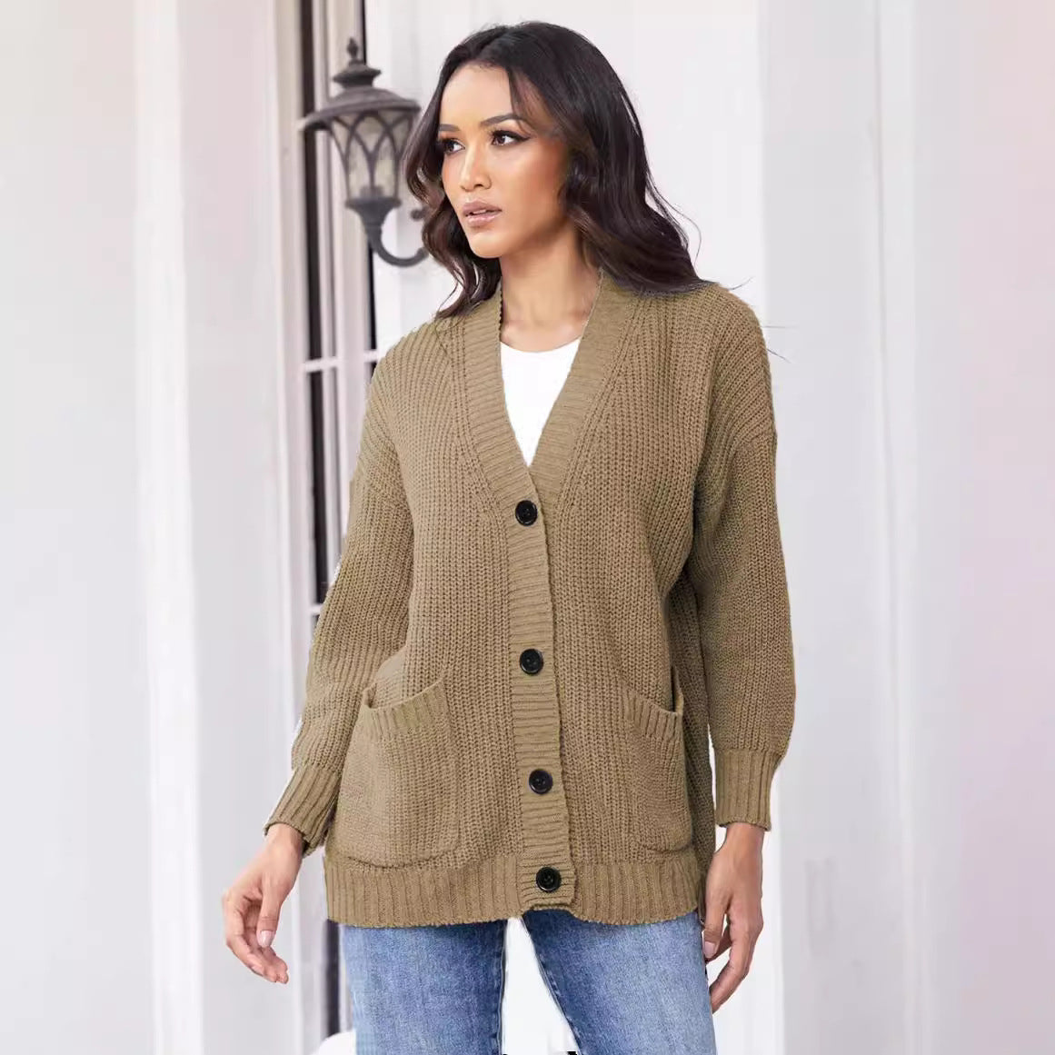 Damen Cardigan Grobstrick Mit Taschen V-Ausschnitt Beige