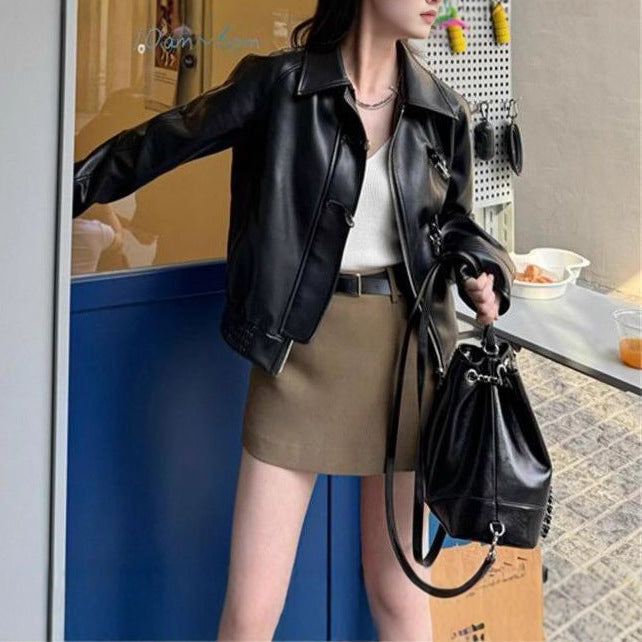 Damen Kunstlederjacke Klassisches Revers