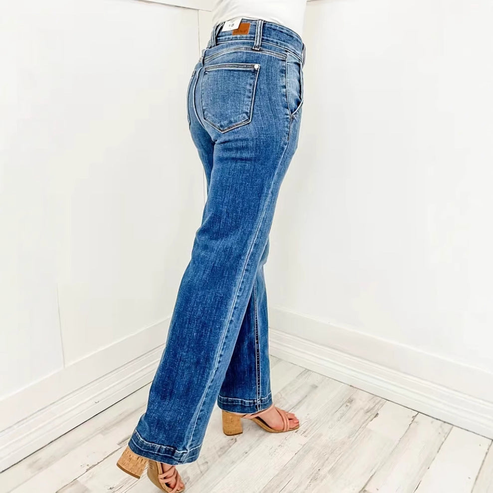 Damen High-Waist Jeans Weite Bein Norvielle Komfortschnitt