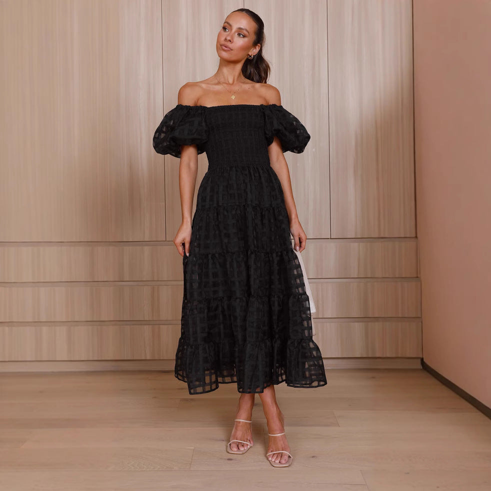 Damen Maxikleid Luftige Puffärmel Gerafftes Oberteil Norvielle