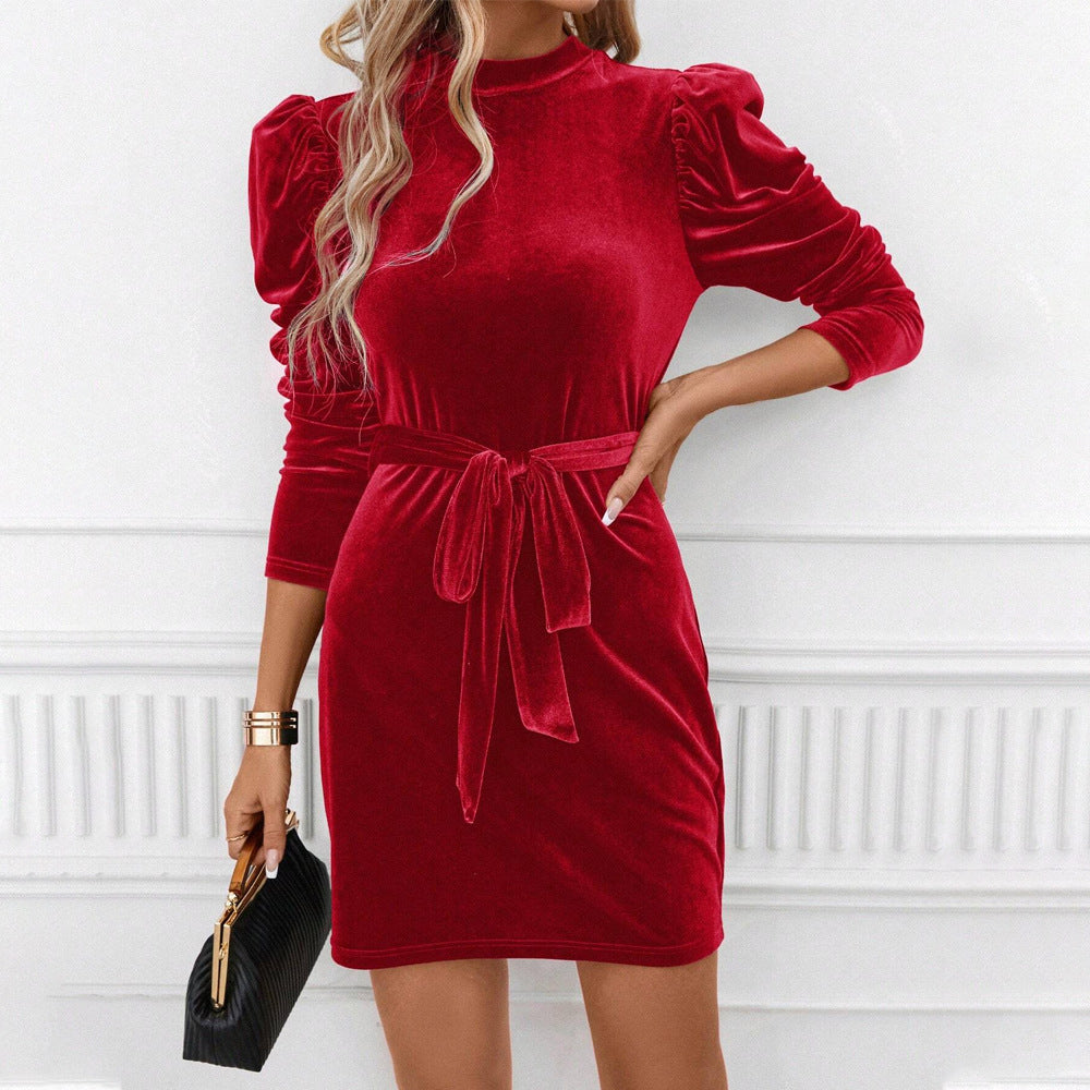 Damen Samtminikleid mit Schleifenbund und Puffärmeln Schwarz - Norvielle