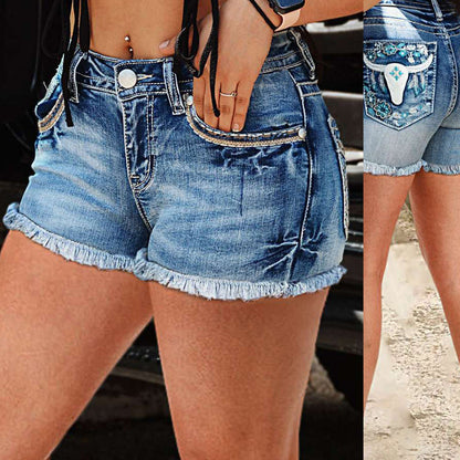 Damen Jeans-Shorts Florales Stickdesign Französer Saum Blau - Norvielle