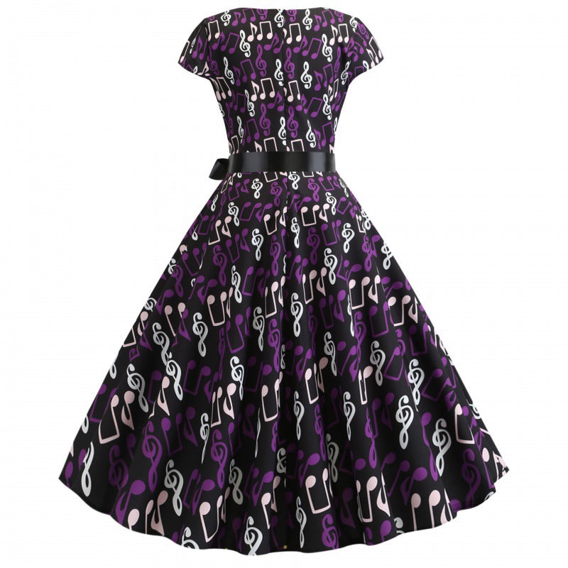 Damen Swing-Kleid Musikmuster Eleganter Taillengürtel