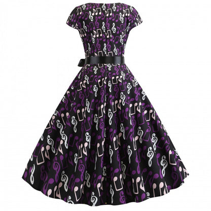 Damen Swing-Kleid Musikmuster Eleganter Taillengürtel