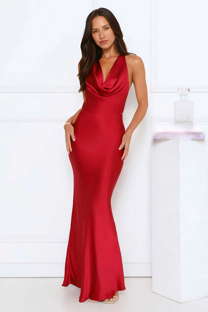 Damen Abendkleid Satin Wasserfall-Ausschnitt Figurbetont
