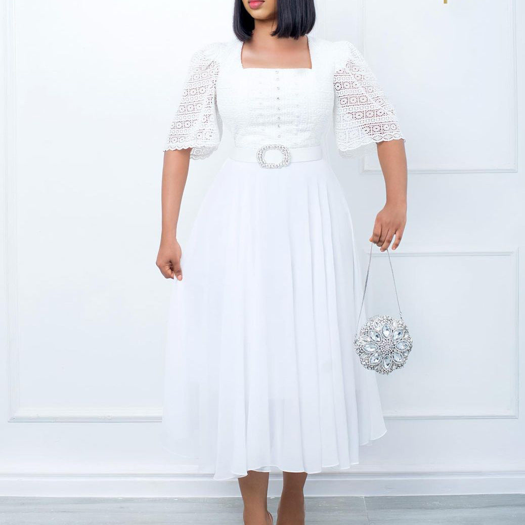 Damen Maxikleid Spitze Taillengürtel Norvielle