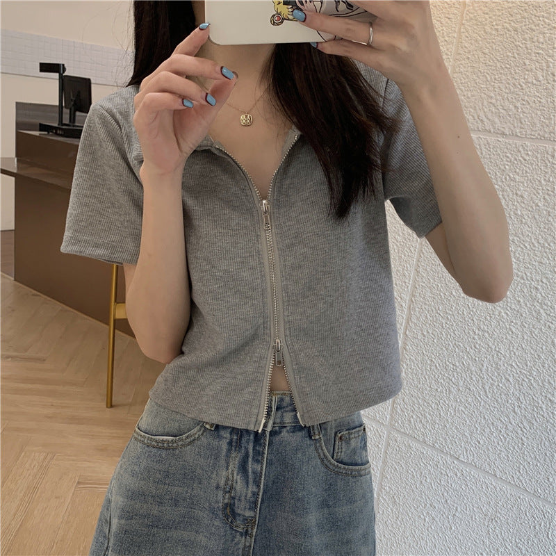 Damen Cropped Poloshirt Strukturierter Stoff Mit Reißverschluss Beige - Norvielle