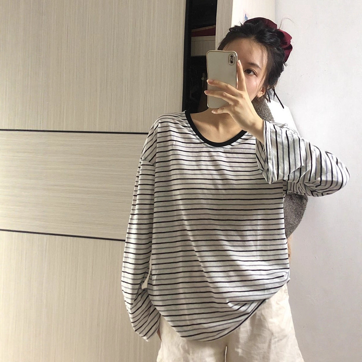 Damen Oversized Longsleeve-Shirt Gestreift Weite Ärmel Norvielle