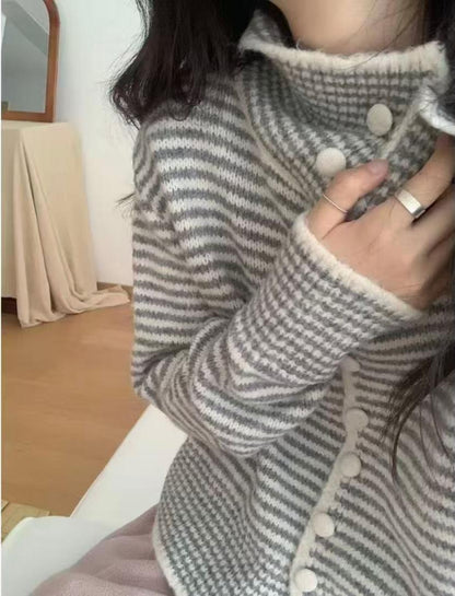 Damen Strickjacke Großkragen Knöpfe Norvielle