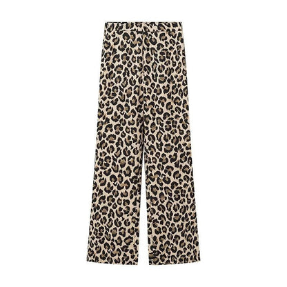 Damen Leinenhose Leopardenmuster Weite Bein