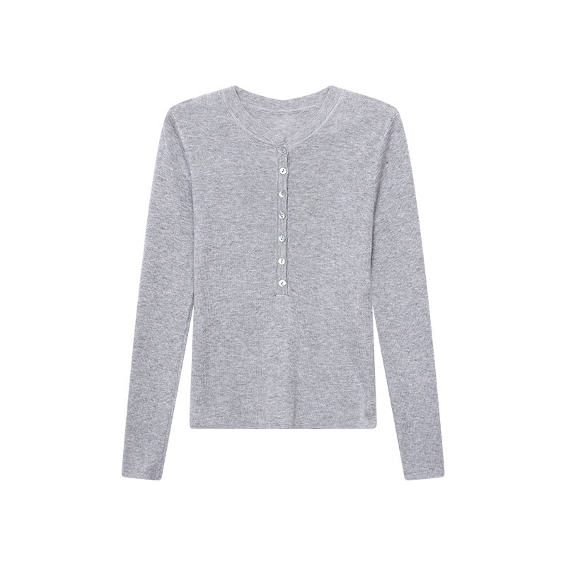 Damen Langarmshirt Feines Rippmaterial Knopfleiste Beige