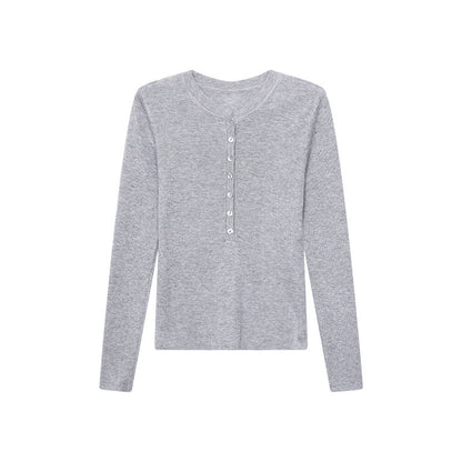 Damen Langarmshirt Feines Rippmaterial Knopfleiste Beige