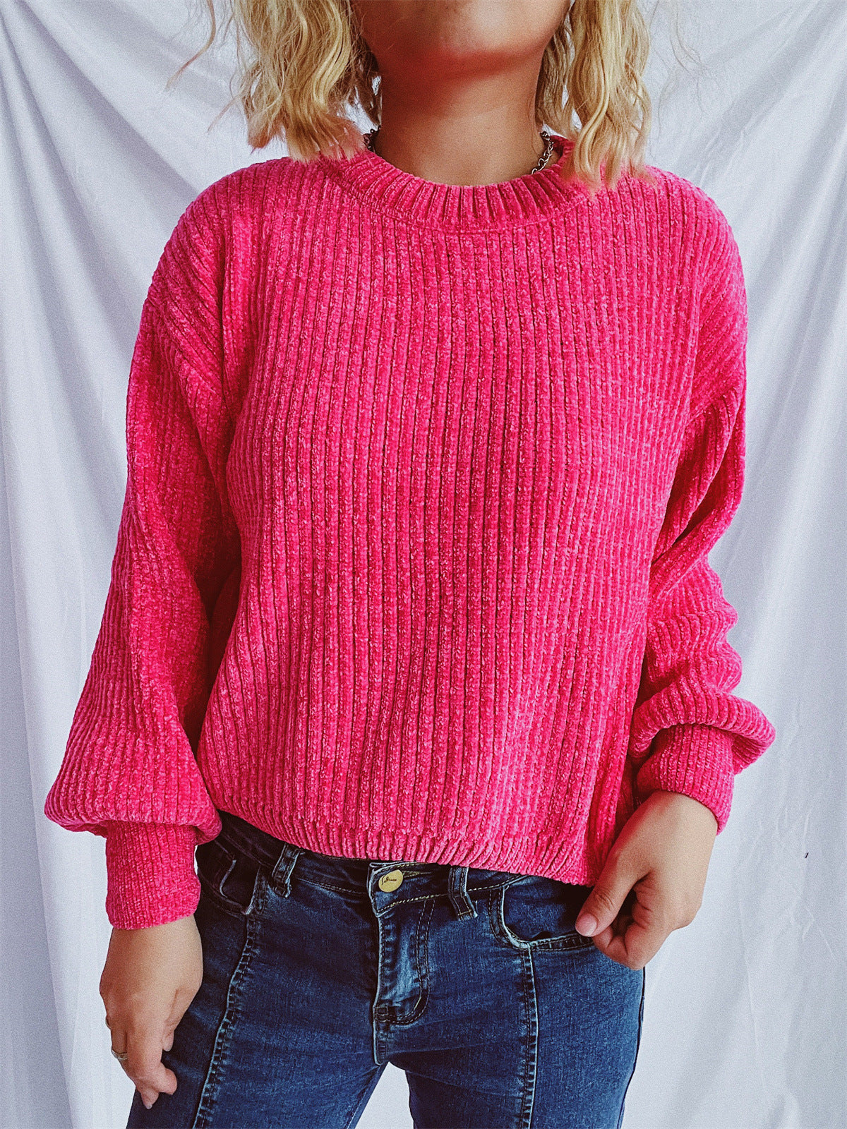 Damen Grobstrickpullover Weite Ärmel Strukturiert Beige Norvielle