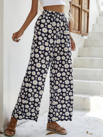 Damen Sommerhose Weite Passform Elastischer Bund Florales Design