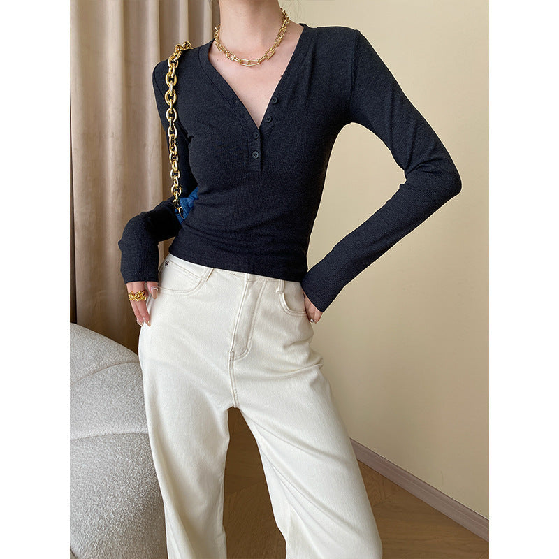 Damen Langarmshirt Rippstrick Modische Knöpfe Schwarz - Norvielle