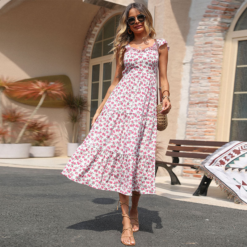 Damen Maxikleid Floralmuster Rüschendetails