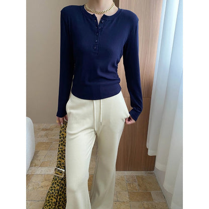 Damen Langarm Henley-Shirt Rippdetails Norvielle